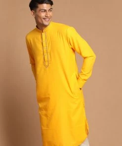 VASTRAMAY Men's Yellow Cotton Blend Kurta