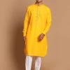 VASTRAMAY Men's Yellow And White Color Cotton Blend Kurta With Pant Set Ganesh Chaturthi