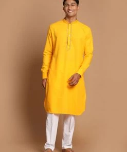 VASTRAMAY Men's Yellow And White Color Cotton Blend Kurta With Pant Set Ganesh Chaturthi