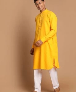 VASTRAMAY Men's Yellow And White Color Cotton Blend Kurta With Pant Set Ganesh Chaturthi