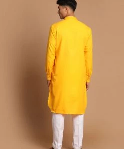 VASTRAMAY Men's Yellow And White Color Cotton Blend Kurta With Pant Set Ganesh Chaturthi