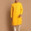 VASTRAMAY Men's Yellow And Cream Color Cotton Blend Kurta With Pyjama Set
