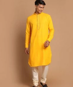VASTRAMAY Men's Yellow And Cream Color Cotton Blend Kurta With Pyjama Set