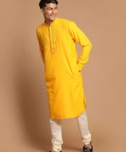VASTRAMAY Men's Yellow And Cream Color Cotton Blend Kurta With Pyjama Set