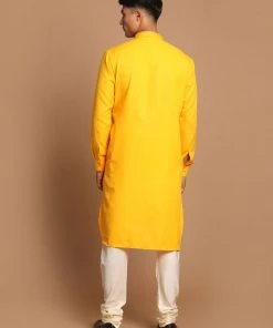 VASTRAMAY Men's Yellow And Cream Color Cotton Blend Kurta With Pyjama Set
