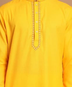 VASTRAMAY Men's Yellow And Cream Color Cotton Blend Kurta With Pyjama Set