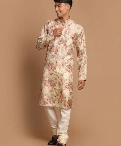 VASTRAMAY Men's Beige Floral Printed Kurta With Cream Solid Pyjama Set Ganesh Chaturthi