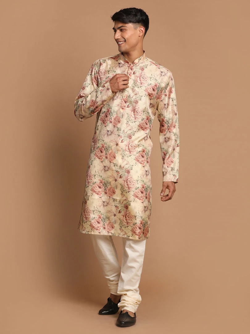 VASTRAMAY Men's Beige Floral Printed Kurta With Cream Solid Pyjama Set Ganesh Chaturthi 3 VASTRAMAY Men's Beige Floral Printed Kurta With Cream Solid Pyjama Set Ganesh Chaturthi