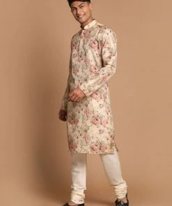 VASTRAMAY Men's Beige Floral Printed Kurta With Cream Solid Pyjama Set Ganesh Chaturthi