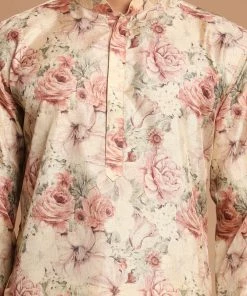 VASTRAMAY Men's Beige Floral Printed Kurta With Cream Solid Pyjama Set Ganesh Chaturthi 12 VASTRAMAY Men's Beige Floral Printed Kurta With Cream Solid Pyjama Set Ganesh Chaturthi