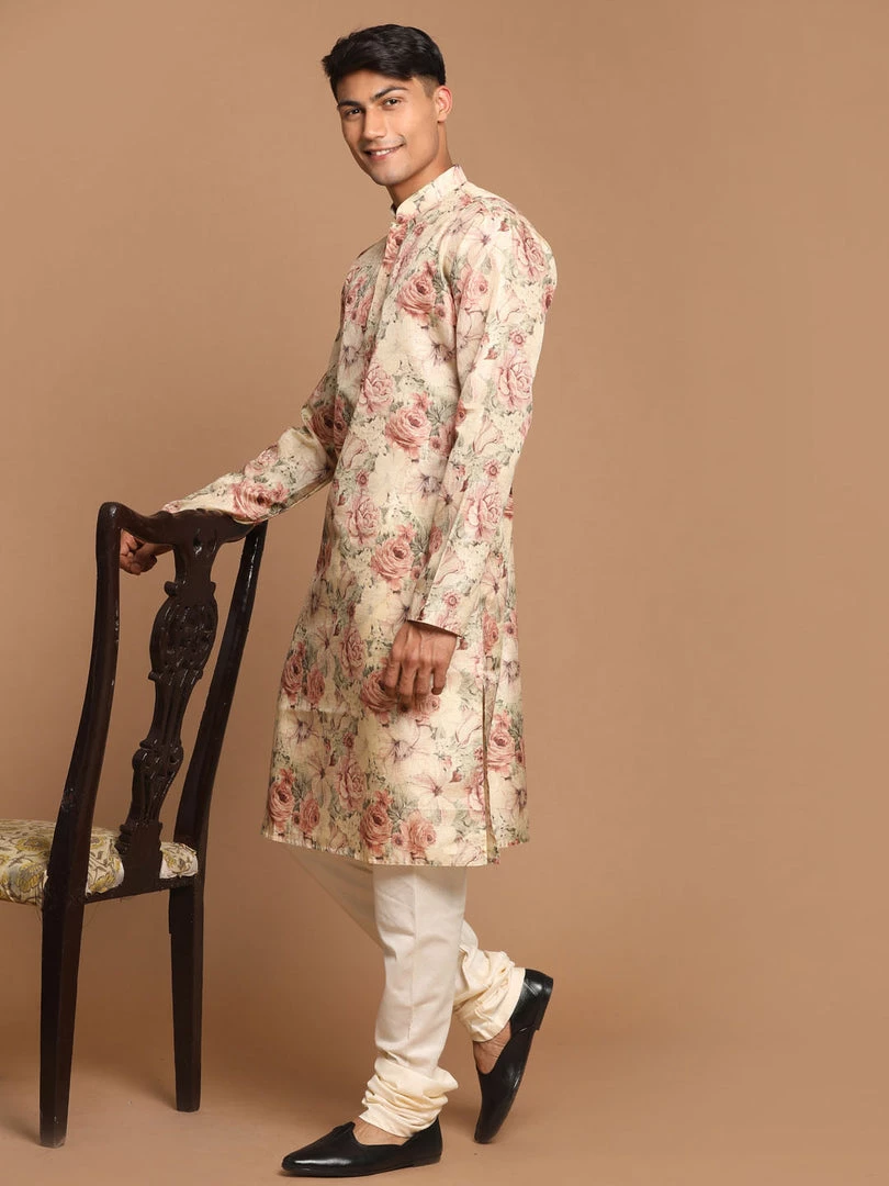 VASTRAMAY Men's Beige Floral Printed Kurta With Cream Solid Pyjama Set Ganesh Chaturthi 8 VASTRAMAY Men's Beige Floral Printed Kurta With Cream Solid Pyjama Set Ganesh Chaturthi