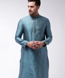 Vastramay Men's Aqua Blue Silk Blend Kurta
