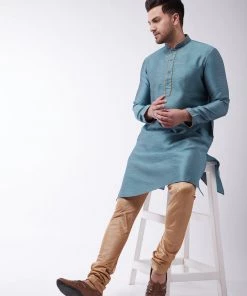 Kurta Sets VASTRAMAY Men's Aqua Silk Blend Kurta