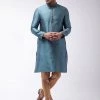 VASTRAMAY Men's Aqua And Rose Gold Silk Blend Kurta With Churidar Set Kurta Sets