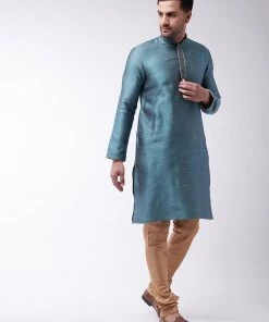 VASTRAMAY Men's Aqua And Rose Gold Silk Blend Kurta With Churidar Set Kurta Sets