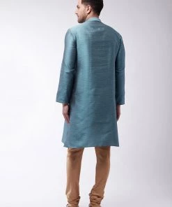 Vastramay Silk Blend Aqua Blue And Rose Gold Baap Beta Kurta Pyjama Set