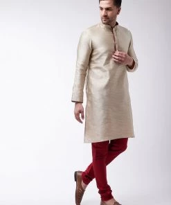 Kurta Sets VASTRAMAY Men's Beige And Maroon Silk Blend Kurta Churidar Set
