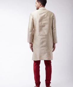 Kurta Sets VASTRAMAY Men's Beige And Maroon Silk Blend Kurta Churidar Set