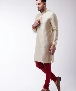 Kurta Sets VASTRAMAY Men's Beige And Maroon Silk Blend Kurta Churidar Set