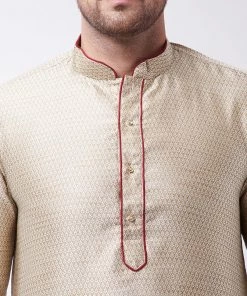 Vastramay Silk Blend Beige And Maroon Baap Beta Kurta Pyjama Set