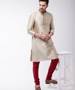 Kurta Sets VASTRAMAY Men's Beige And Maroon Silk Blend Kurta Churidar Set