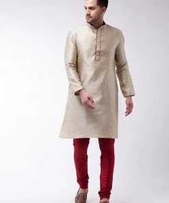 Vastramay Silk Blend Beige And Maroon Baap Beta Kurta Pyjama Set