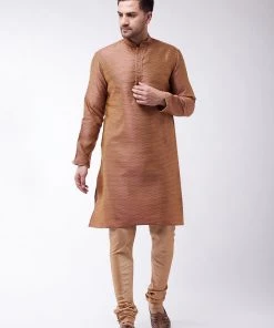 VASTRAMAY Men's Maroon And Rose Gold Silk Blend Kurta With Churidar Set Kurta Sets