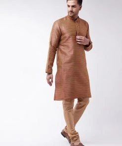 VASTRAMAY Men's Maroon And Rose Gold Silk Blend Kurta With Churidar Set Kurta Sets