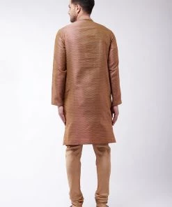 VASTRAMAY Men's Maroon And Rose Gold Silk Blend Kurta With Churidar Set Kurta Sets