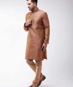 VASTRAMAY Men's Maroon And Rose Gold Silk Blend Kurta With Churidar Set Kurta Sets