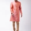 Kurta Sets VASTRAMAY Men's Pink And Rose Gold Silk Blend Kurta With Churidar Set