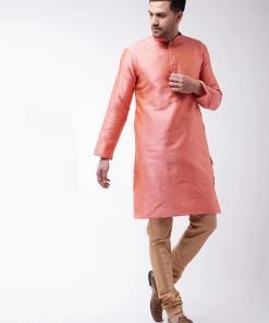 Kurta Sets VASTRAMAY Men's Pink And Rose Gold Silk Blend Kurta With Churidar Set