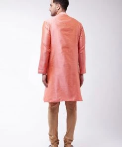 Kurta Sets VASTRAMAY Men's Pink And Rose Gold Silk Blend Kurta With Churidar Set