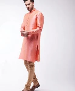 Kurta Sets VASTRAMAY Men's Pink And Rose Gold Silk Blend Kurta With Churidar Set