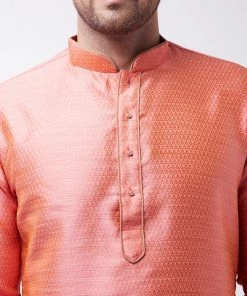 Kurta Sets VASTRAMAY Men's Pink And Rose Gold Silk Blend Kurta With Churidar Set