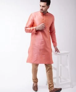 Kurta Sets VASTRAMAY Men's Pink And Rose Gold Silk Blend Kurta With Churidar Set