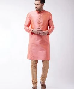 Vastramay Silk Blend Pink And Rose Gold Baap Beta Kurta Pyjama Set