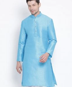 Vastramay Men's Light Blue Cotton Silk Blend Kurta