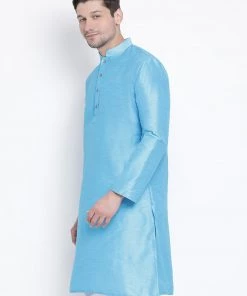 Vastramay Men's Light Blue Cotton Silk Blend Kurta