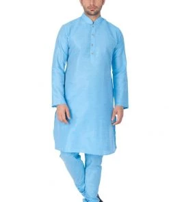 Vastramay Men's Light Blue Cotton Silk Blend Kurta And Pyjama Set