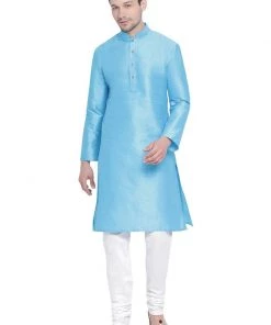 Vastramay Men's Light Blue Cotton Silk Blend Kurta And Pyjama Set