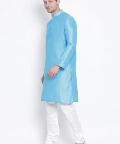 Vastramay Men's Light Blue Cotton Silk Blend Kurta And Pyjama Set