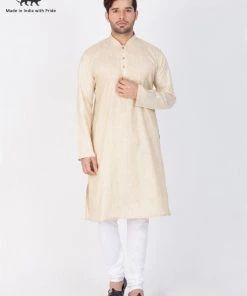 Vastramay Men's Beige Cotton Blend Kurta And Pyjama Set