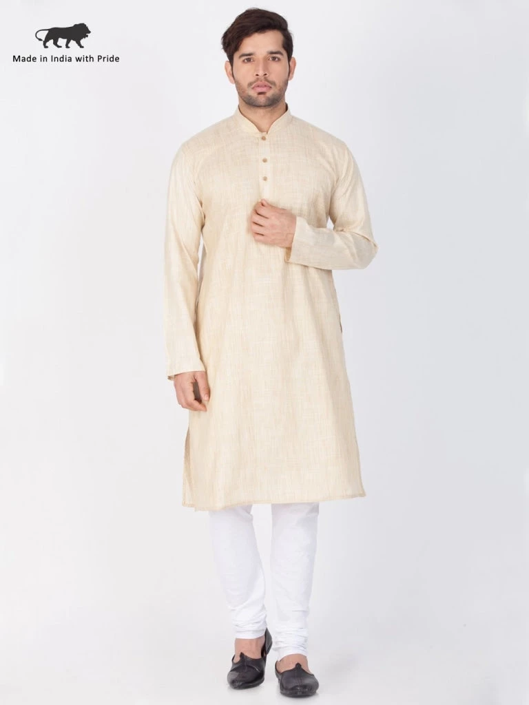Vastramay Men's Beige Cotton Blend Kurta And Pyjama Set 3 Vastramay Men's Beige Cotton Blend Kurta And Pyjama Set