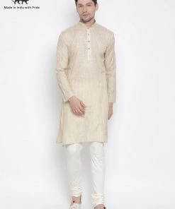 Vastramay Men's Beige Cotton Blend Kurta And Pyjama Set