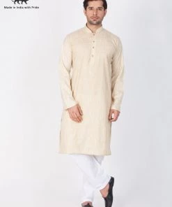 Vastramay Men's Beige Cotton Blend Kurta And Pyjama Set