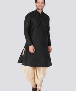 VASTRAMAY Men's Black Cotton Silk Blend Kurta And Dhoti Pant Set