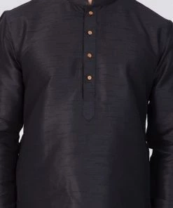 VASTRAMAY Men's Black Cotton Silk Blend Kurta And Dhoti Pant Set