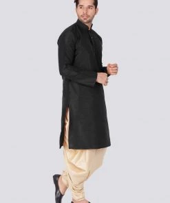 VASTRAMAY Men's Black Cotton Silk Blend Kurta And Dhoti Pant Set