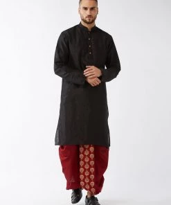 VASTRAMAY Men's Black And Maroon Silk Blend Kurta And Dhoti Set
